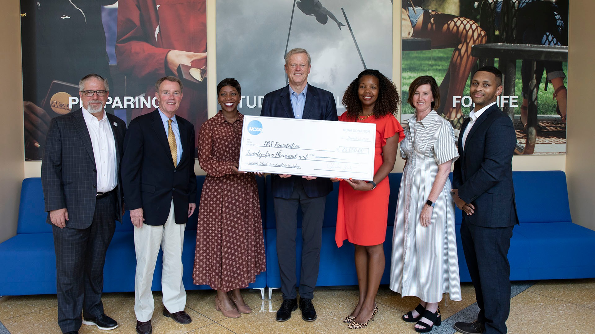 NCAA President Charlie Baker donates $25,000 to Indianapolis Public Schools.