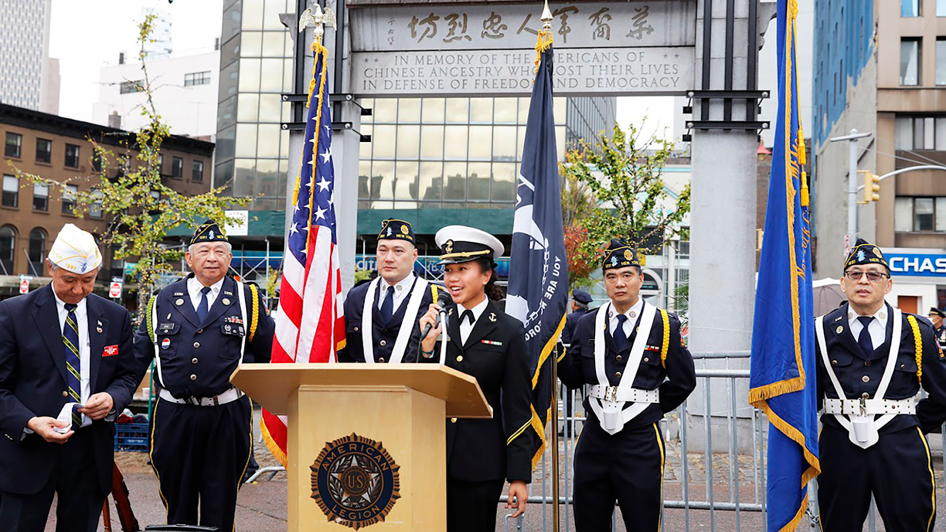 Ward speaks after the Veterans Day Parade in New York's Chinatown in 2023. Born in China and adopted by an American family, she grew up in Pasadena, Maryland, with limited connection to her heritage. At Navy, Ward began to fully explore and embrace her cultural roots. (Photos courtesy of Abigail Ward)