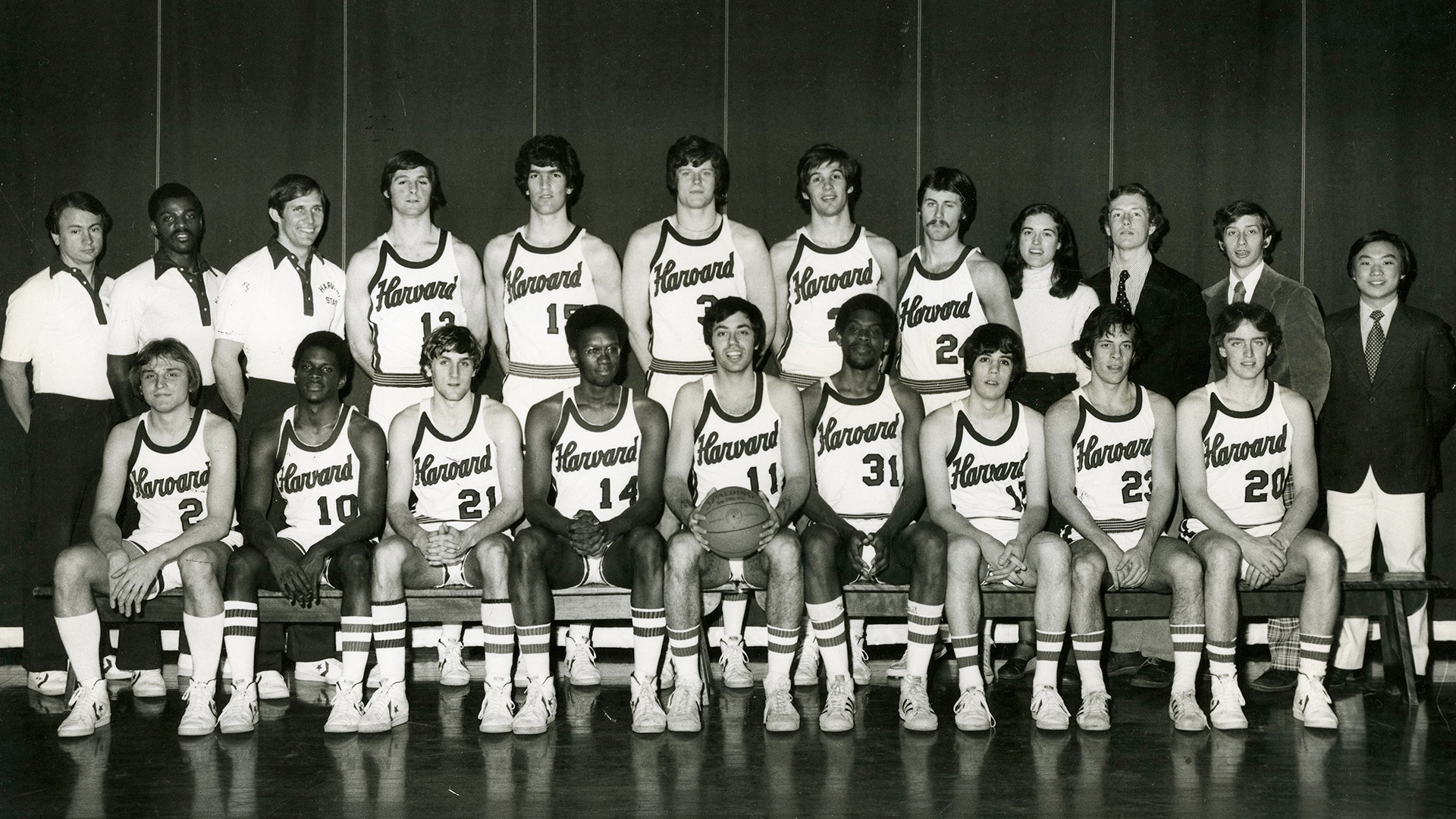 Charlie Baker (Center of back row) with the 1977-78 Harvard Men's Basketball team