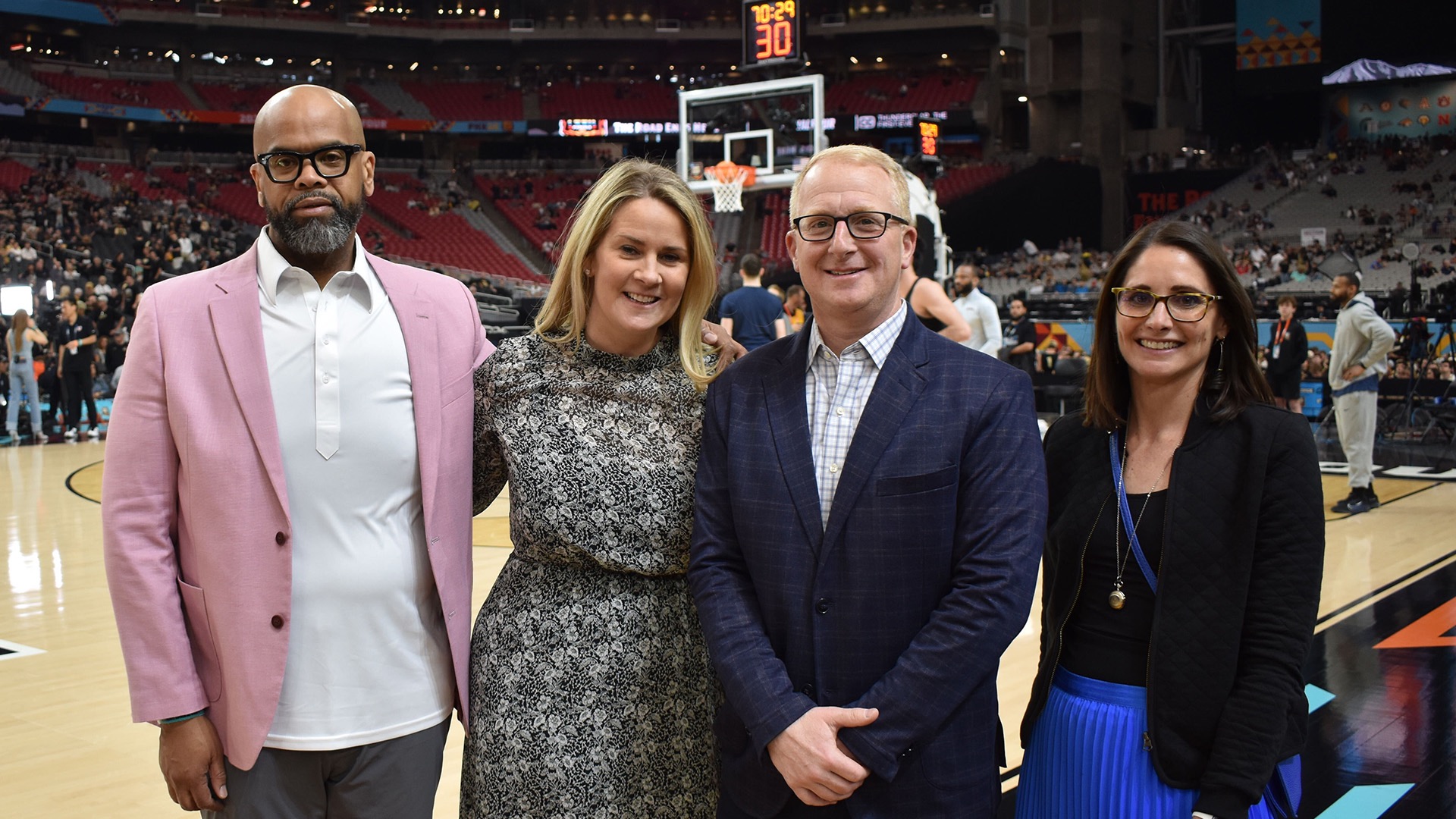 Barnes handles programming for the NCAA Division I Men's Basketball Championship. Here, Barnes (right) joined colleagues (from left) Kyle Helm, Mariel Brady and Dan Weinberg at the 2024 NCAA Men's Final Four.