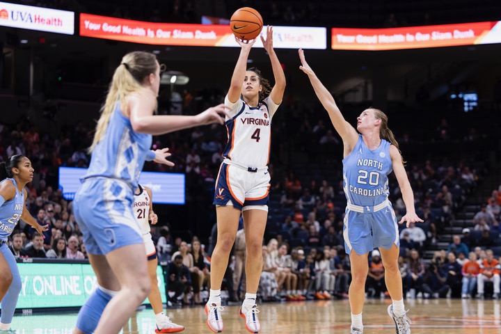 Jillian Brown has been sidelined with an ACL injury this year, so she has learned to shift her role on the team and lead through building relationships and coaching her teammates. (Photo courtesy of Virginia)
