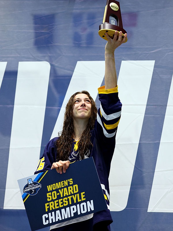 Greenwaldt celebrates after winning the 50-yard freestyle March 12 during the Division II Women's Swimming and Diving Championships held at the IU Natatorium at Indiana University Indianapolis. (Photo by Jamie Schwaberow / NCAA Photos)