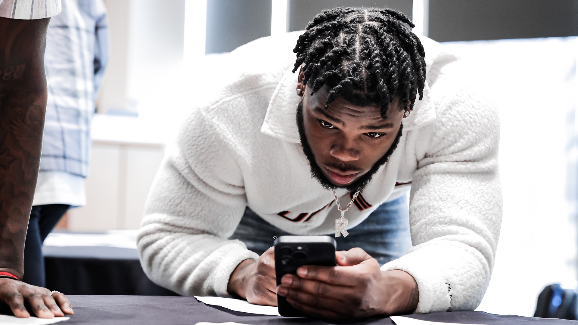 Raheim Sanders, a running back at Arkansas, works on an activity during the 2023 Elite Student-Athlete Symposium for Football.