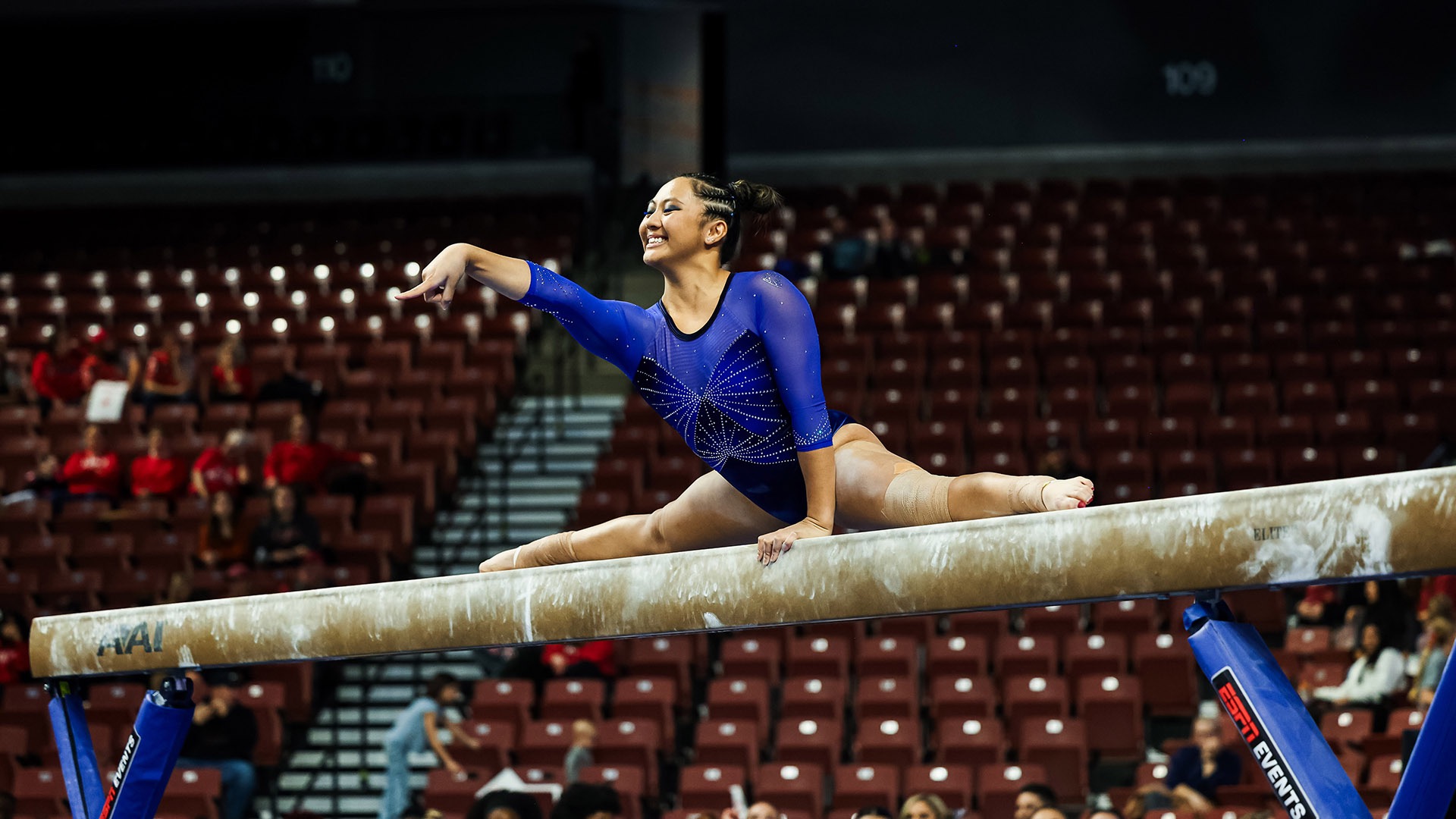 Malabuyo engages with the crowd at a UCLA meet.