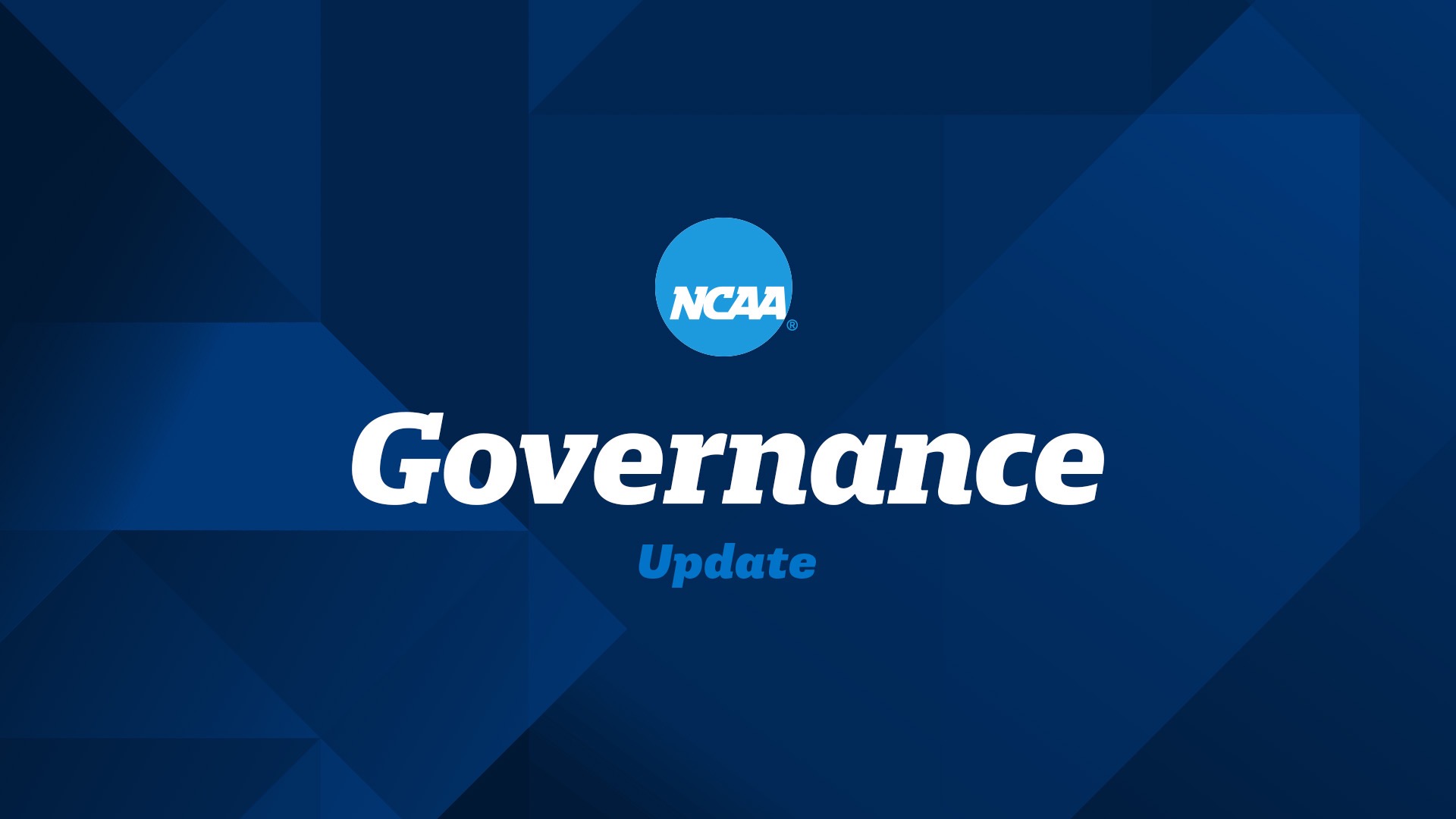 NCAA logo with the text 'Governance Update' on a blue geometric background.