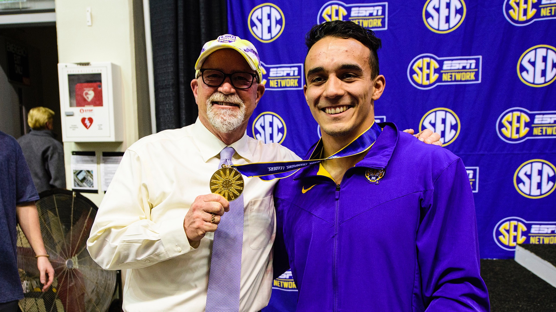 Celaya-Hernandez said he is grateful to his LSU coach Doug Shaffer (left) for the support that helped him succeed in college and the Olympics.