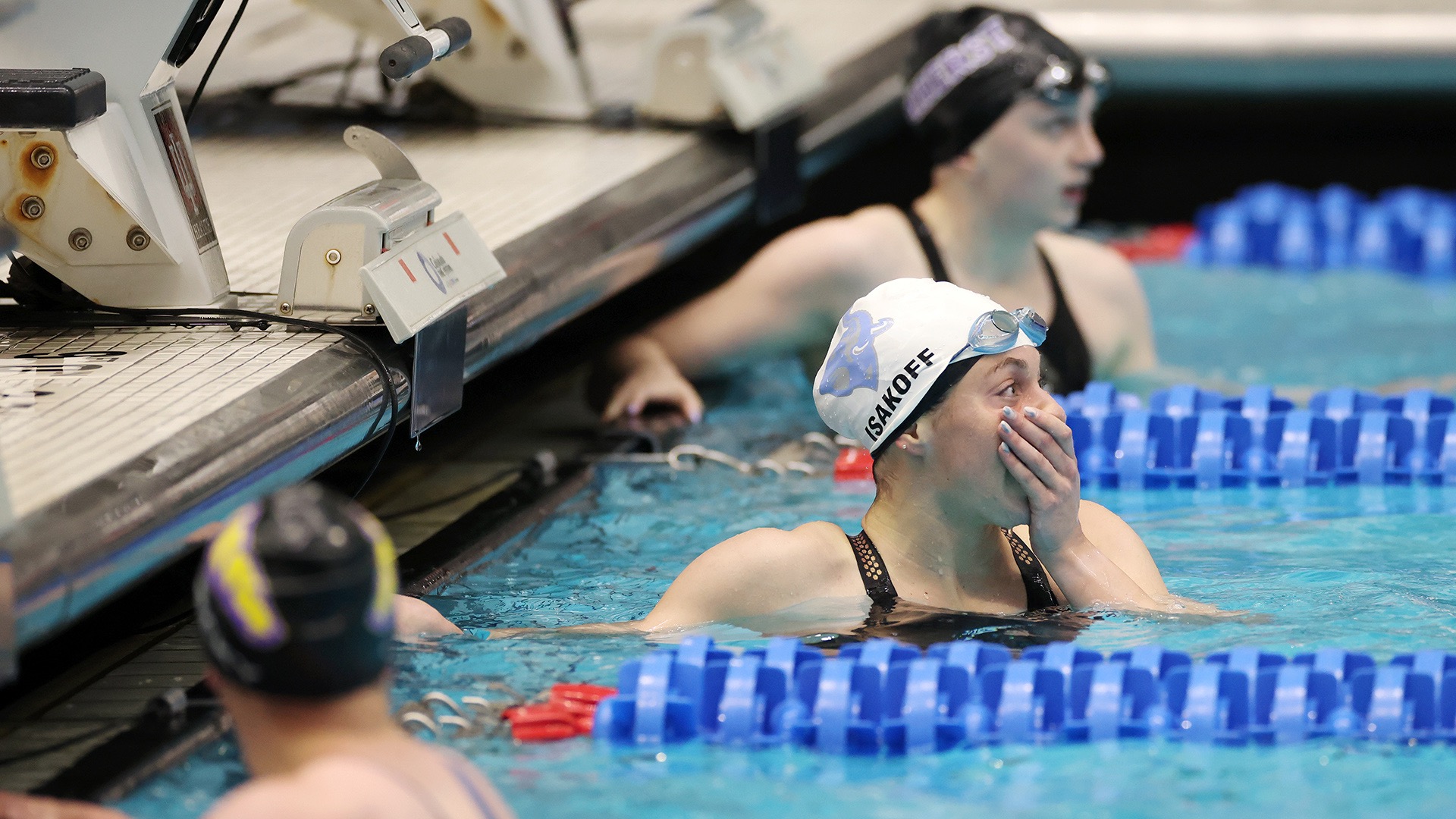 Katelin Isakoff celebrates during the 2022 NCAA Division III Swimming and Diving Championships. Isakoff was an eight-time All-American at Tufts, contributing to two relay national championships. (Photo by Joe Robbins / NCAA Photos)