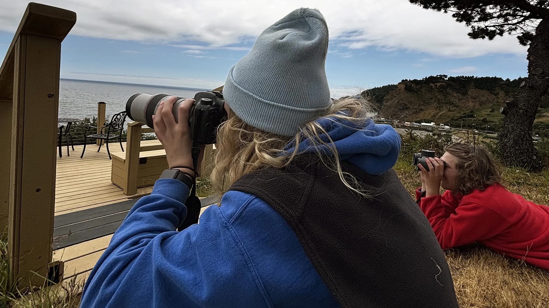 When she wasn't in a kayak, Sophia Kormann '25 visited a cliff site to monitor an instrument used to map the movement of gray whales in the water below.