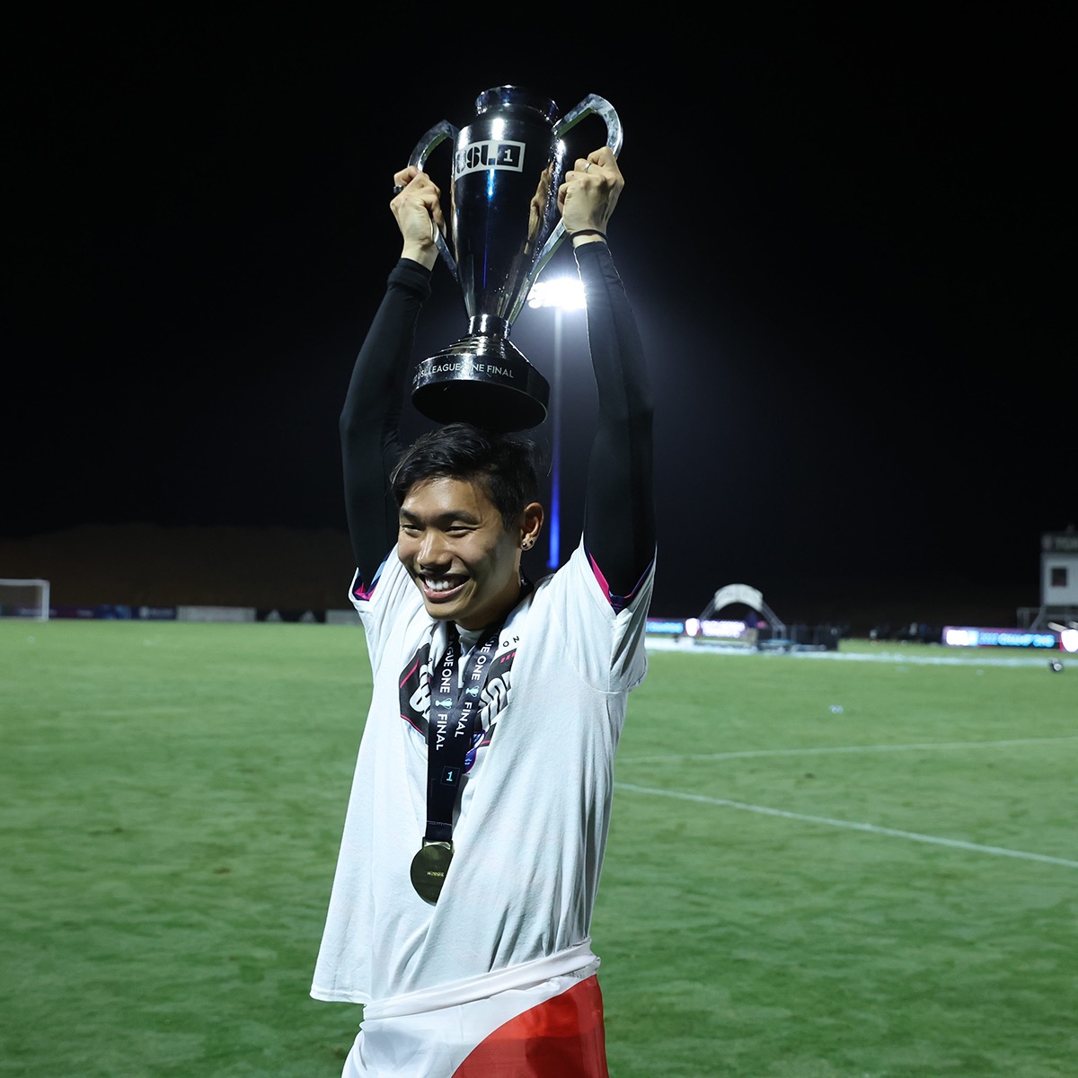 In January 2024, Umeda began playing in the Hong Kong Premier League. Here he holds the league championship trophy.
