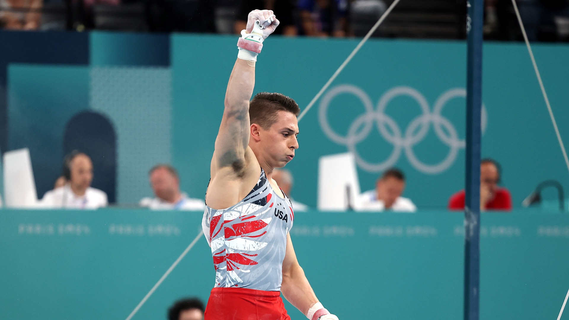 Paul Juda, who won NCAA all-around, floor exercise and vault titles at Michigan, delivers a stellar performance in Paris.