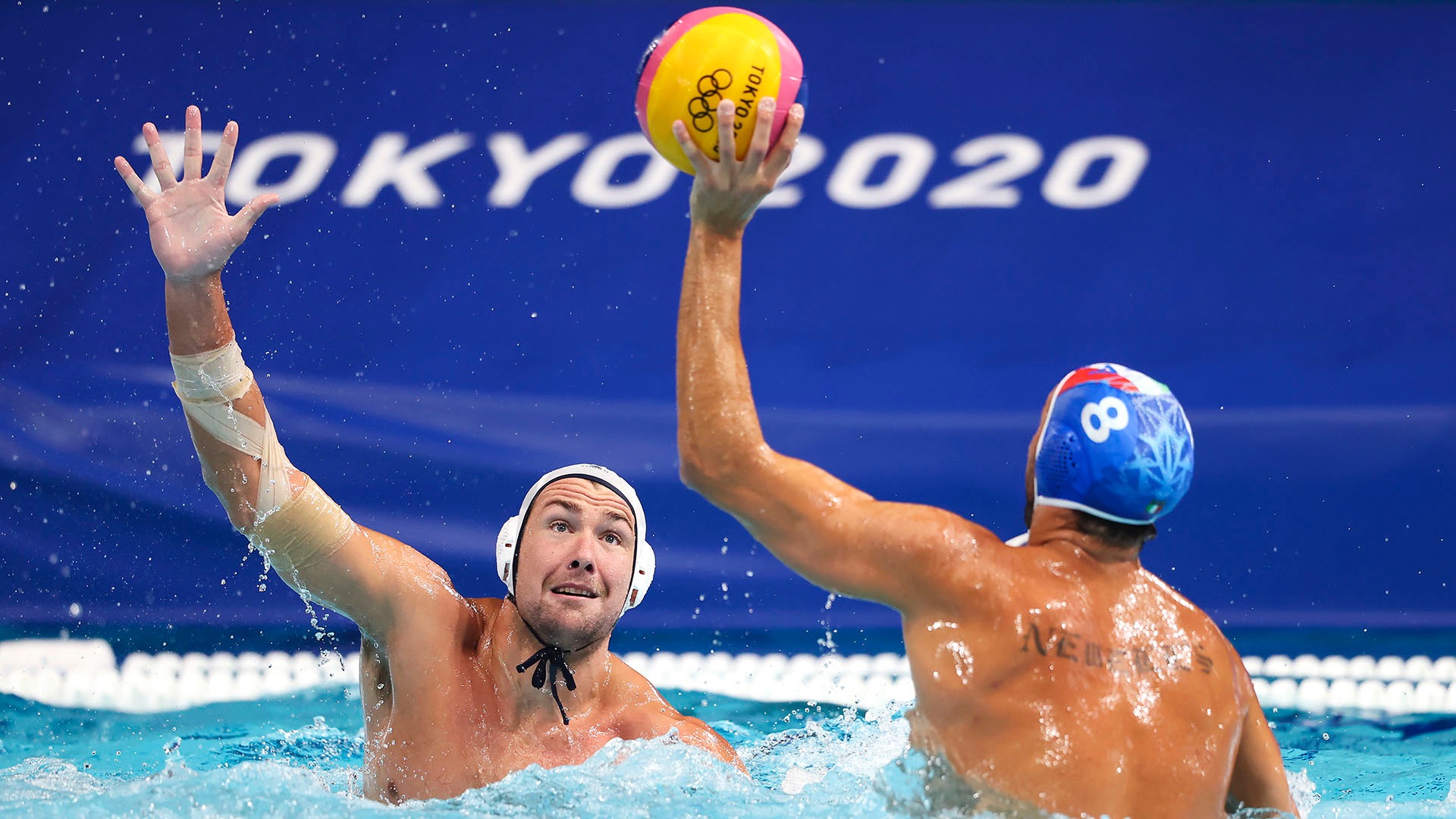 Obert plays defense in a match against Italy at the Paris 2024 Olympics.