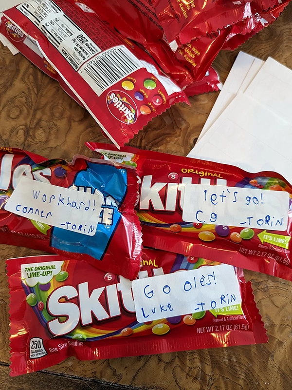 Torin's custom-labeled Skittles for an away playoff game