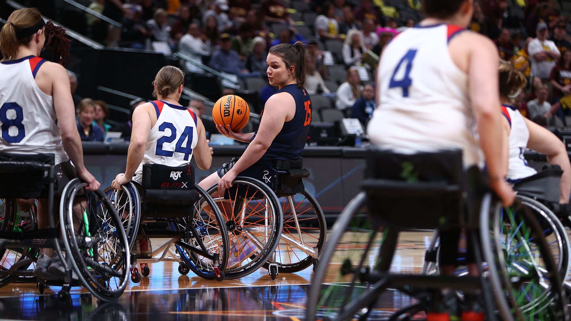 Team USA athletes showcased the excitement of wheelchair basketball during the 2024 NCAA Women's Final Four as part of the USOPC/NCAA Para-College Inclusion Project, bringing adaptive sports to the forefront of collegiate athletics. (Photo by Grace Bradley / NCAA Photos)