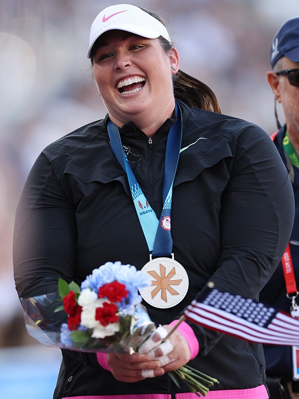 Deanna Price reacts after placing second the women's hammer throw final on Day Three 2024 U.S. Olympic Team Trials Track & Field at Hayward Field on June 23, 2024 in Eugene, Oregon. (Photo by Christian Petersen/Getty Images)