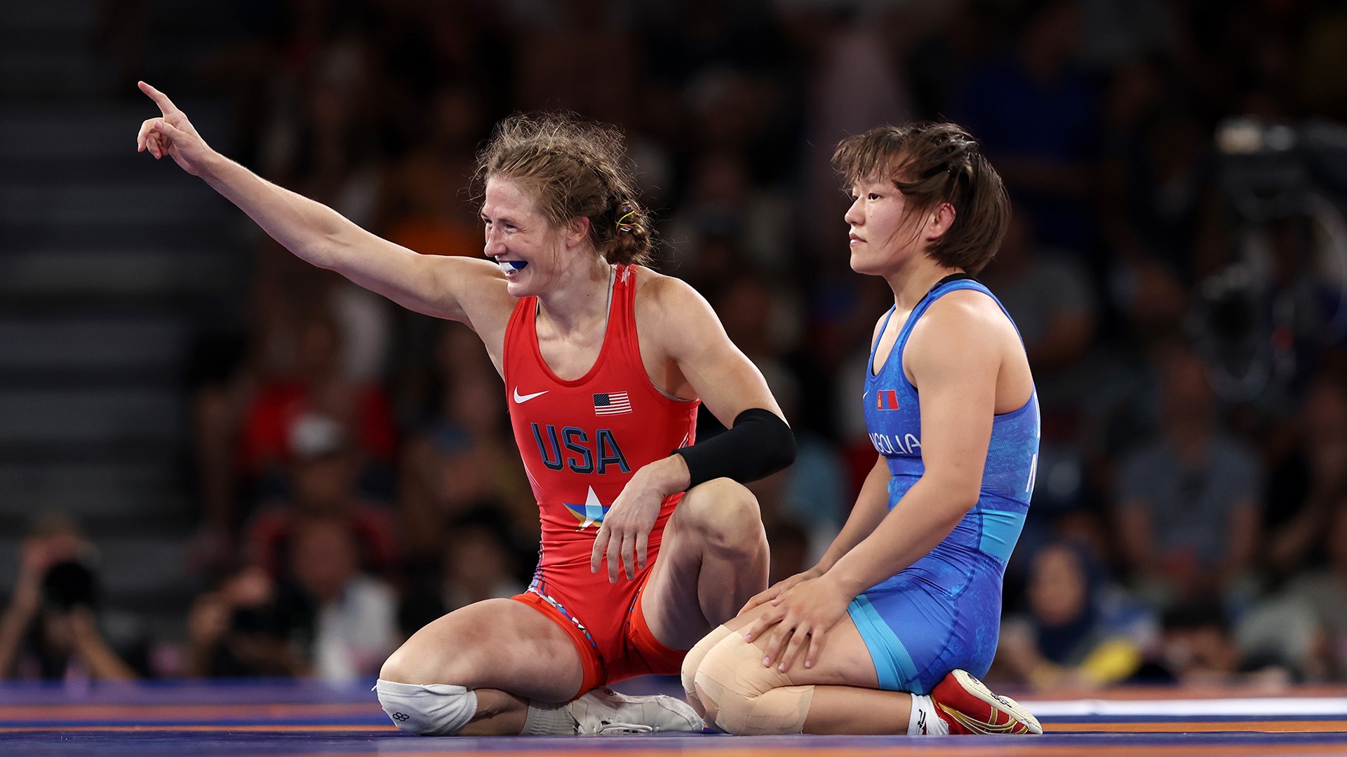 Hildebrandt (left) reacts following her victory against Otgonjargal Dolgorjav of Mongolia.