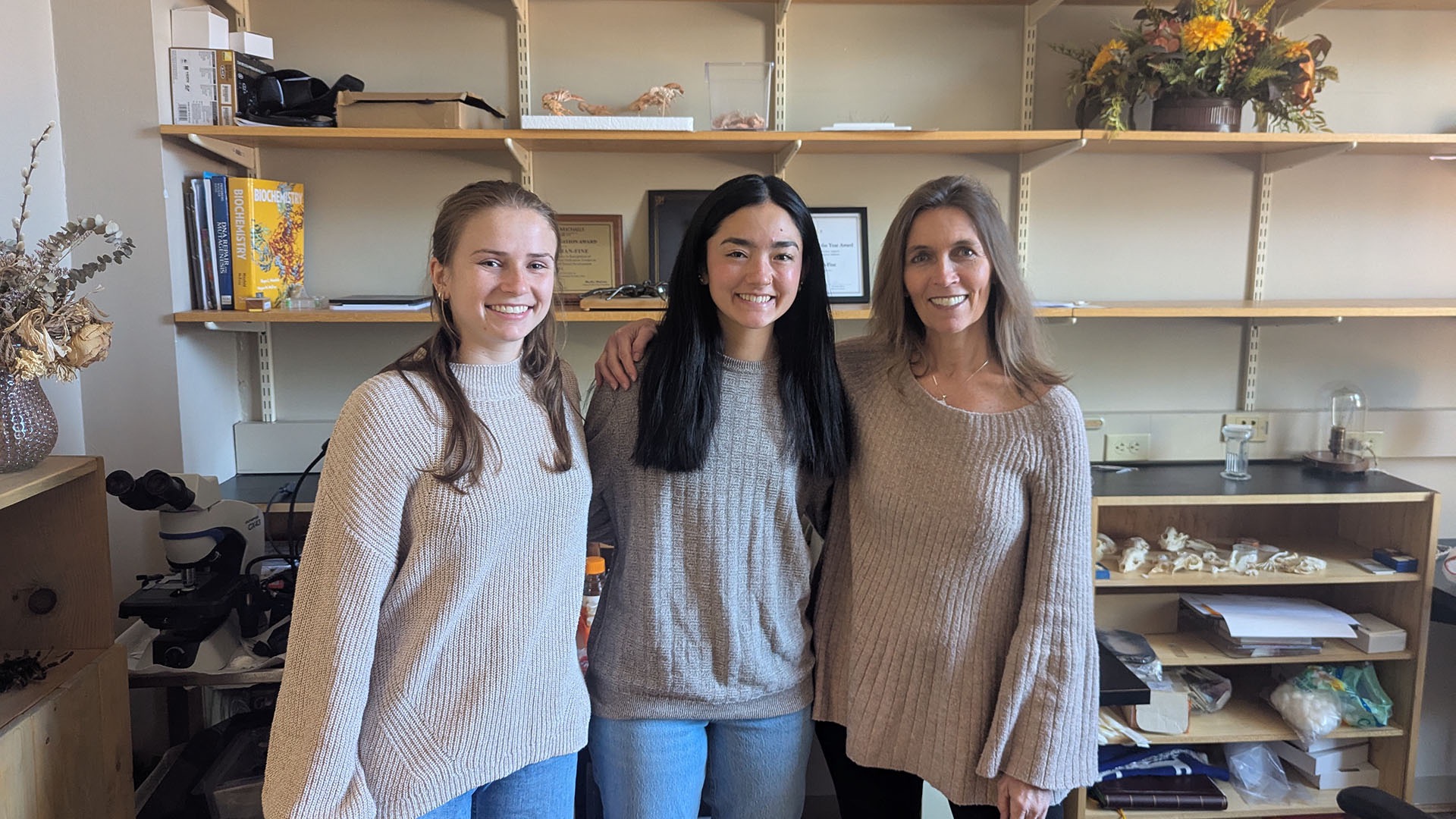 Saint Michael's seniors Melanie Winters and Abby Roman with professor Ruth Fabian-Fine, whose Alzheimer's research they've helped advance through undergraduate lab work. (Photo courtesy of Abby Roman)