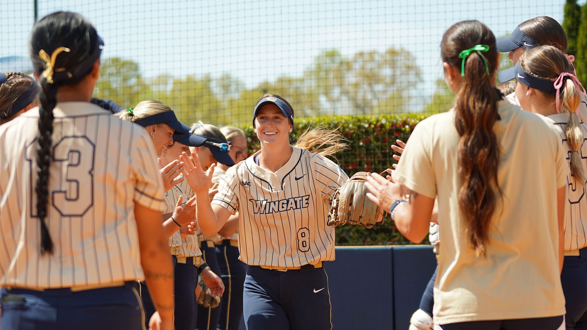 Savanna Brooks, No. 8, excelled in academics and athletics across her four seasons at Wingate, creating a lasting legacy in the softball program. (Photo courtesy of Wingate)