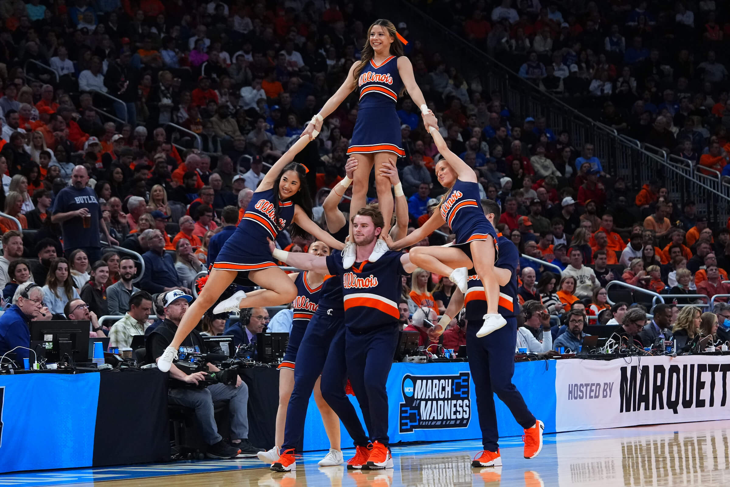 MILWAUKEE, WISCONSIN - MARCH 23: Illinois Fighting Illini cheerleaders perform during a game against the Kentucky Wildcats during the second round of the 2025 NCAA Men’s Basketball Tournament held at Fiserv Forum on March 23, 2025 in Milwaukee, Wisconsin. (Photo by Jack Dempsey/NCAA Photos via Getty Images)