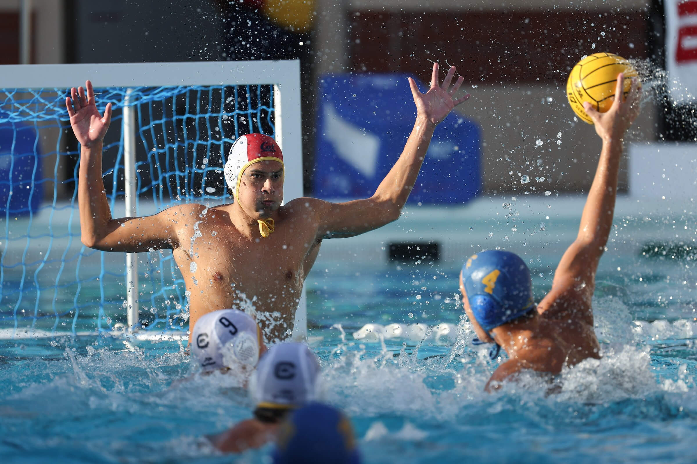 LOS ANGELES, CALIFORNIA - DECEMBER 3: Adrian Weinberg #1 of the California Golden Bears sets to defends a penalty shot from the UCLA Bruins during the National Collegiate Men's Water Polo Championship held at Uytengsu Aquatics Center on December 3, 2023 in Los Angeles, California. (Photo by Justin Tafoya/NCAA Photos via Getty Images)
