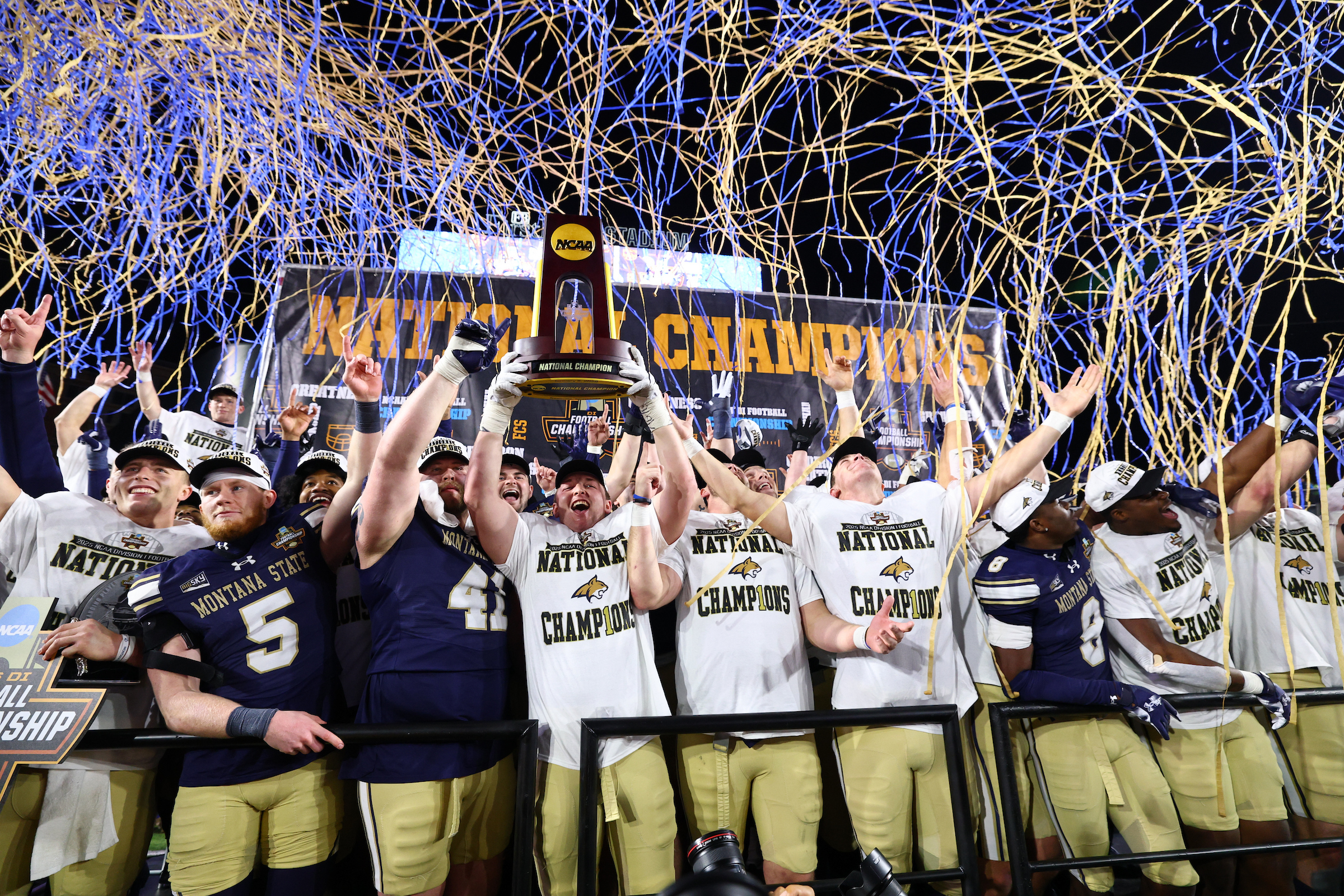 NASHVILLE, TENNESSEE - JANUARY 5: The Montana State Bobcats celebrate their national title after defeating the Illinois State Redbirds during the Division I FCS Football Championship held at FirstBank Stadium on January 5, 2026 in Nashville, Tennessee. (Photo by Jamie Schwaberow/NCAA Photos via Getty Images)