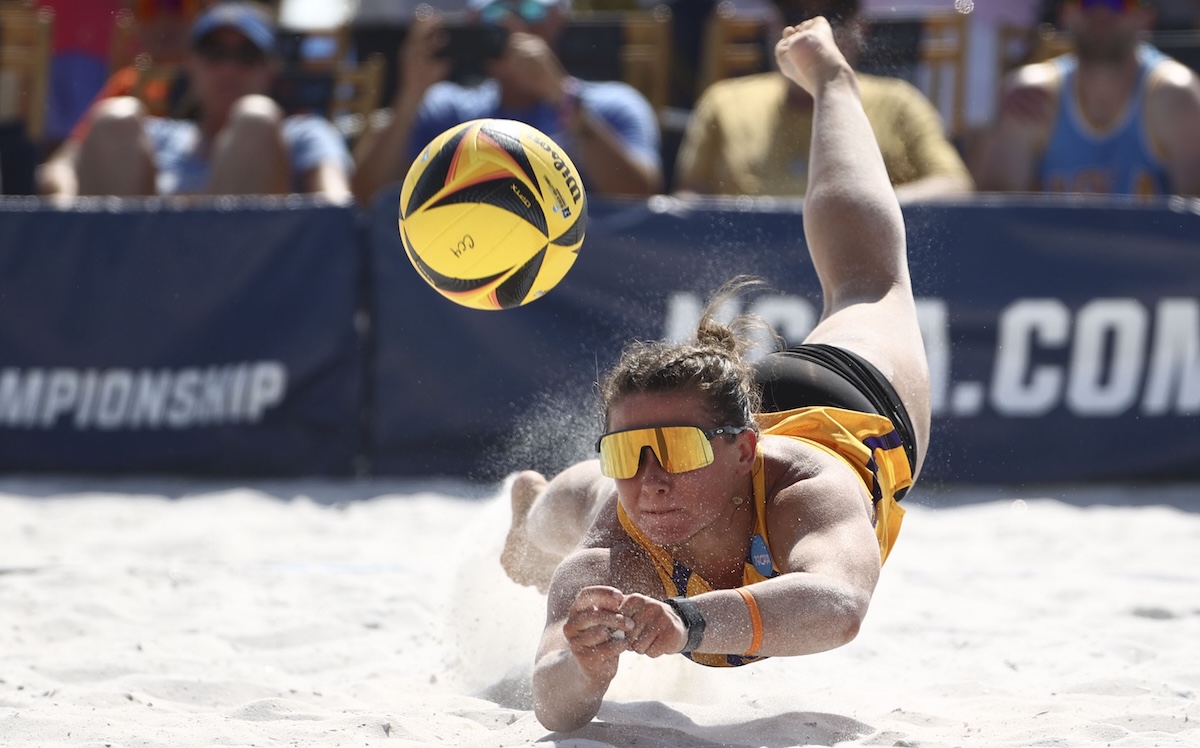 Skylar Martin #9 of the LSU Tigers digs against the UCLA Bruins during the semifinals of the Division I Women's Beach Volleyball Championship held at Gulf Shores Public Beach on May 4, 2024 in Gulf Shores, Alabama