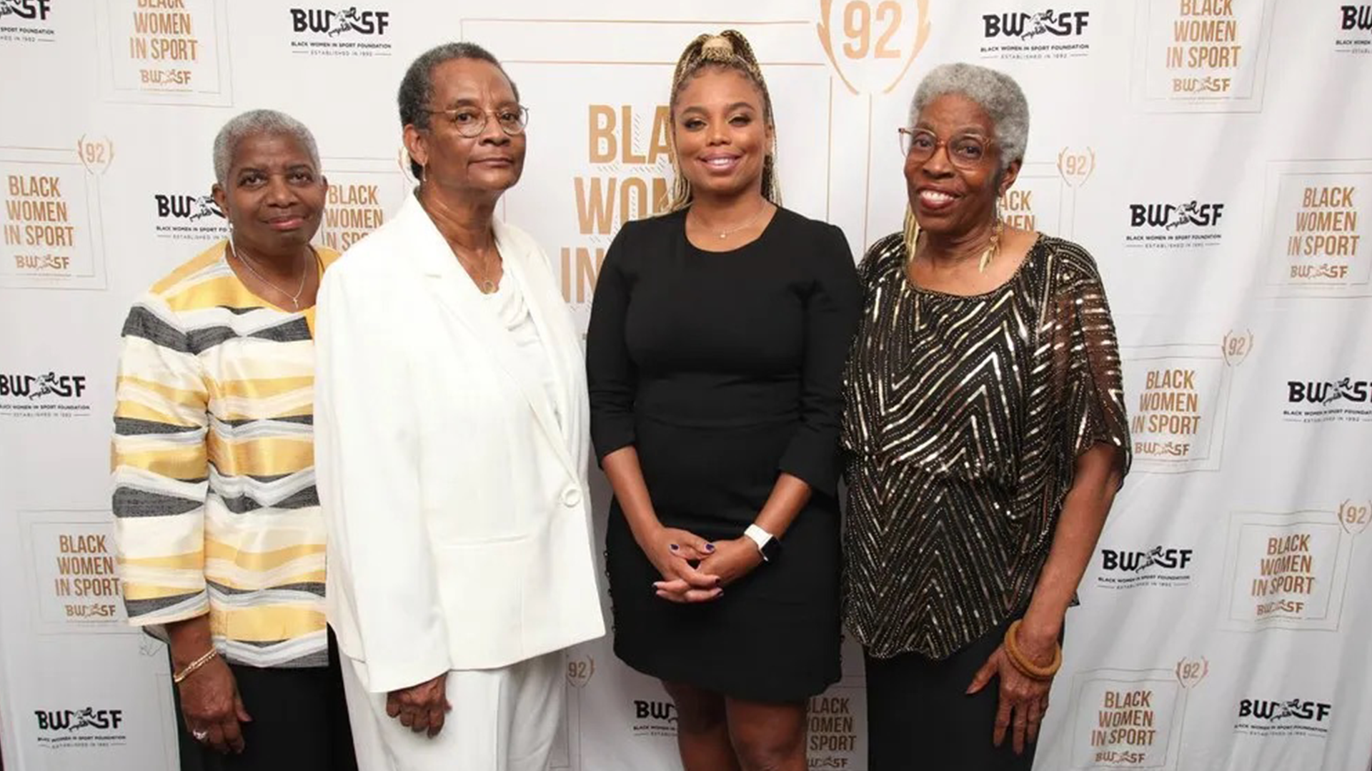 Founders of the Black Women in Sport Foundation pose with sports journalist Jemele Hill (second from right) at an event commemorating the organization's 30th anniversary in 2022.