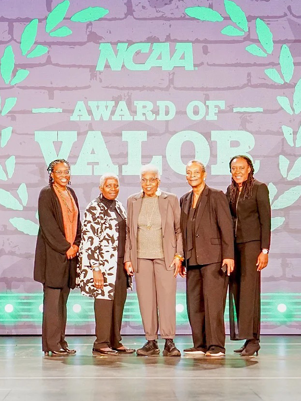 Members of the Black Women in Sport board gather at the 2025 NCAA Convention. From left are Traci Green, Nikki Franke, Tina Sloan Green, Alpha Alexander and Margaret Ottley.