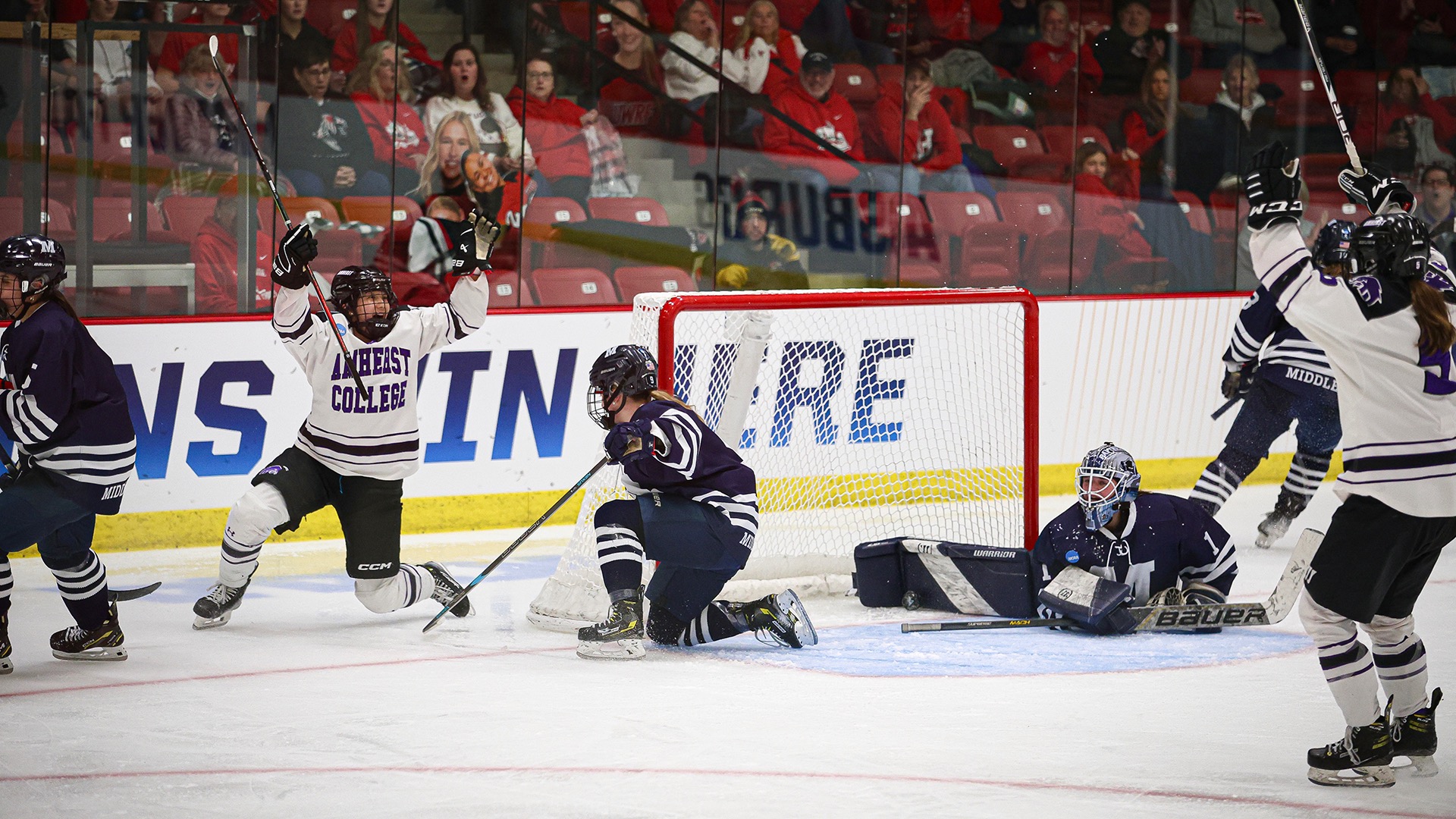 Xu celebrates a goal during a game at Amherst. Xu won two conference championships at Amherst and three regular-season conference titles.