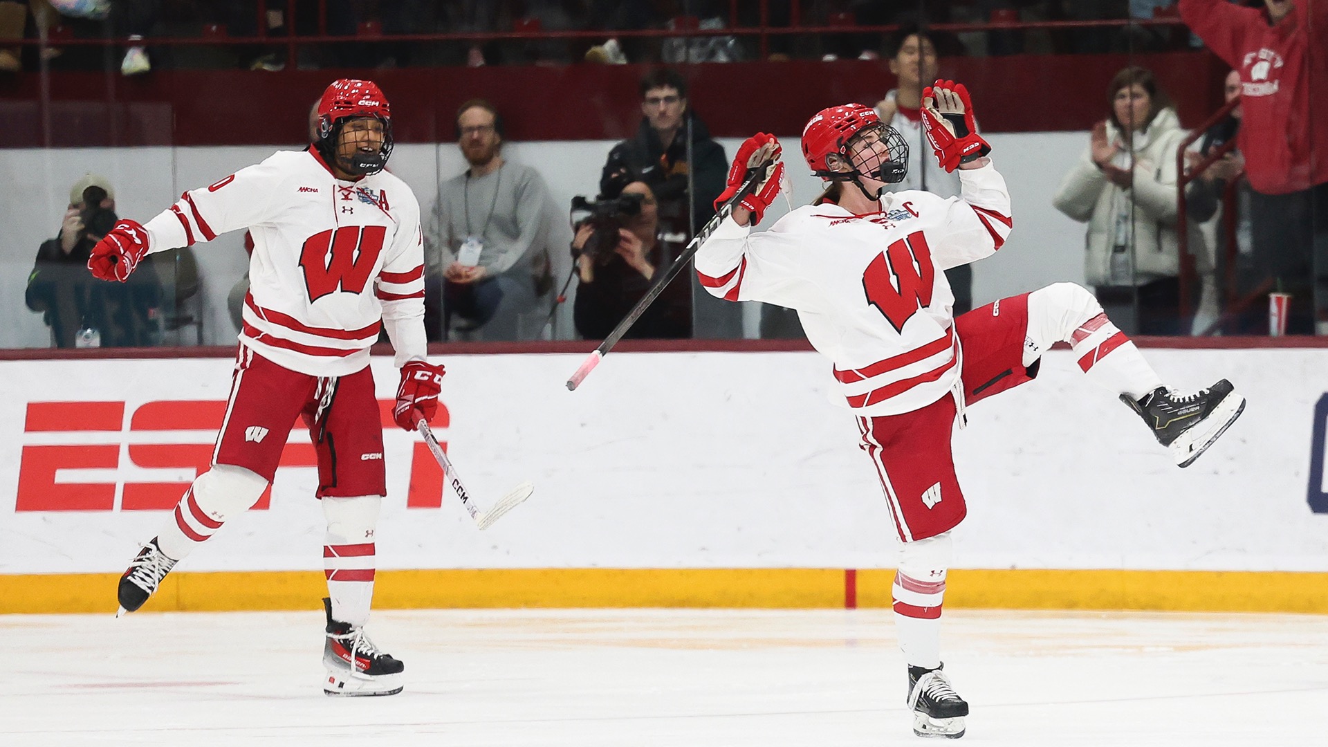 Laila Edwards (left) and Caroline Harvey celebrate a goal in the 2025 national championship game. Edwards and Harvey are best friends, roommates and teammates in the 2026 Olympics. (Photo by Carlos Gonzalez / NCAA Photos)