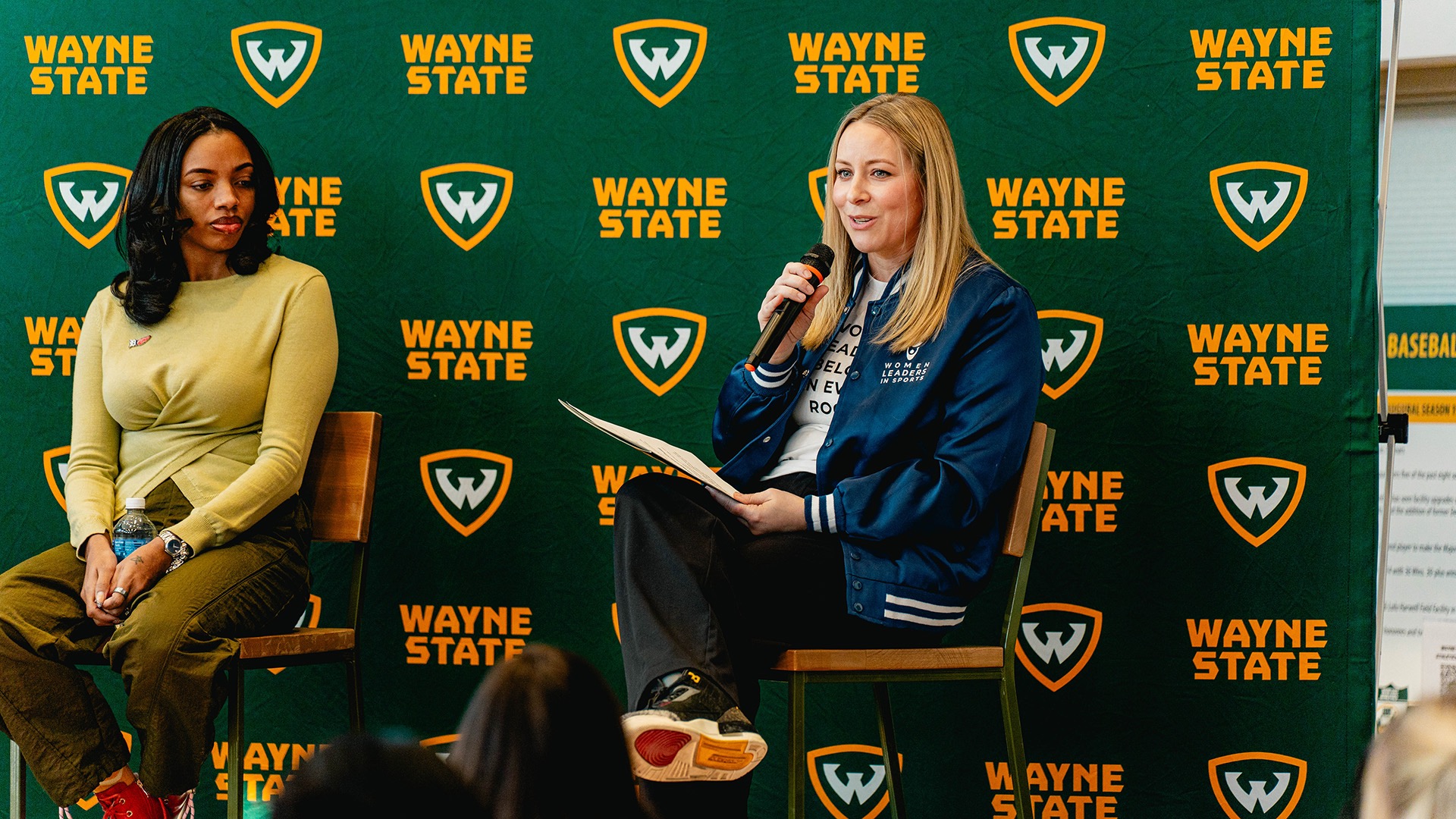 Wallace speaks at Wayne State's annual National Girls and Women in Sports Day event. She served as the university's interim athletics director for six months before earning the permanent role in June 2023. (Photo courtesy of Wayne State)