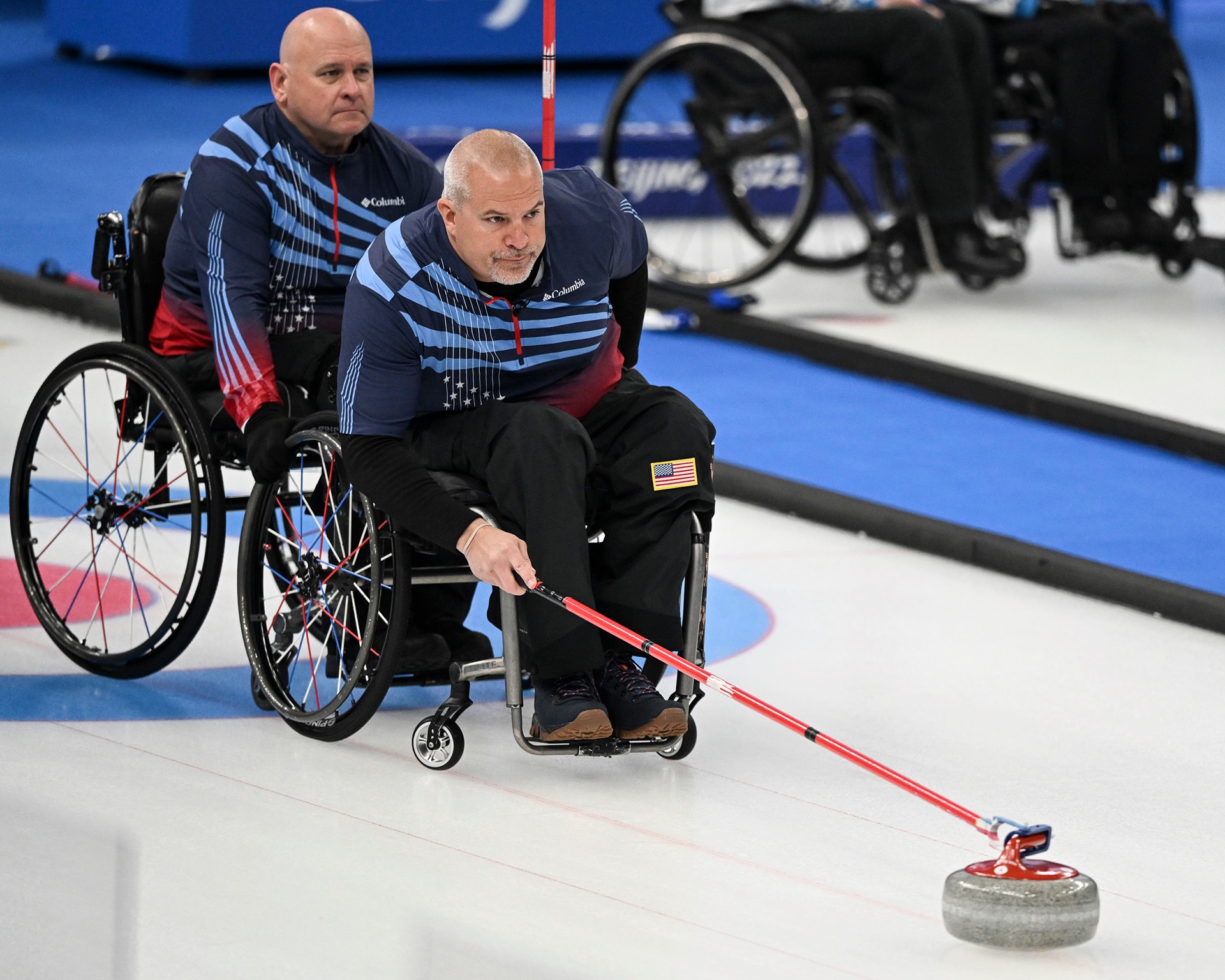 Steve Emt competes in mixed wheelchair curling at the 2022 Beijing Winter Paralympics. (Photo by Zhe Ji / Getty Images)