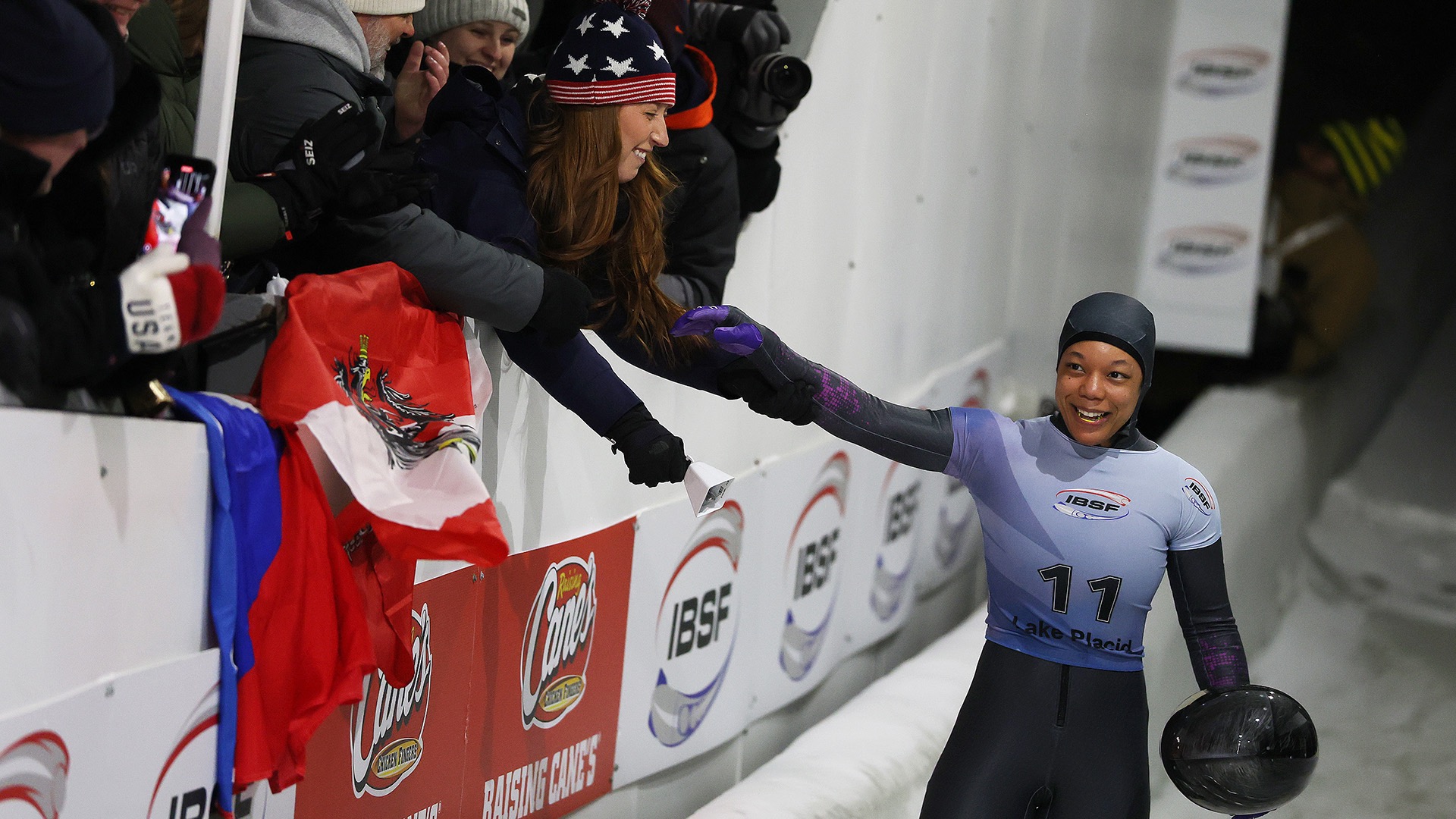 Ro celebrates a successful skeleton run at the IBSF World Cup. (Photo by Getty Images)