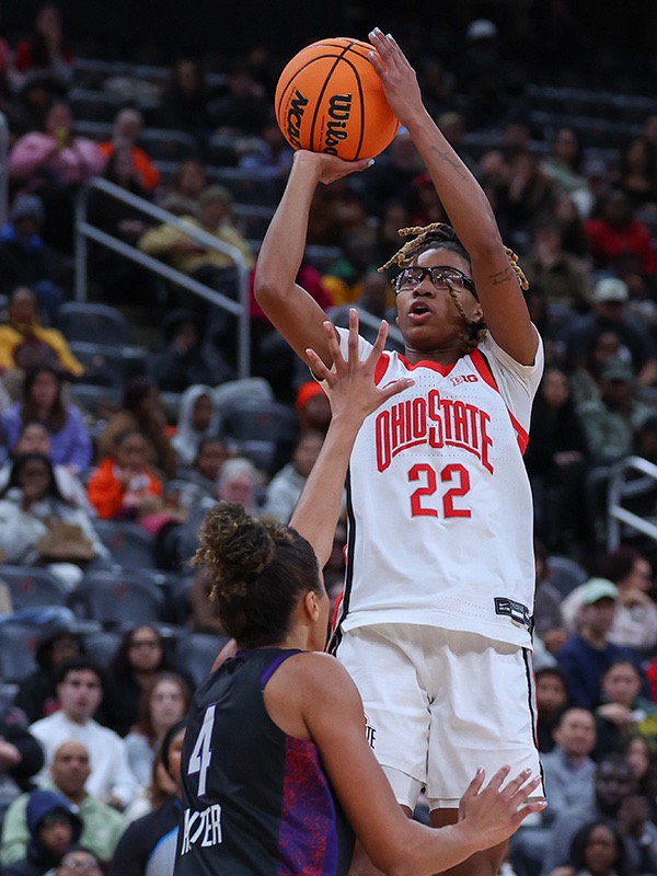Jaloni Cambridge shoots against TCU during the Coretta Scott King Classic in Newark, New Jersey. (Photo by Ed Mulholland / Getty Images)