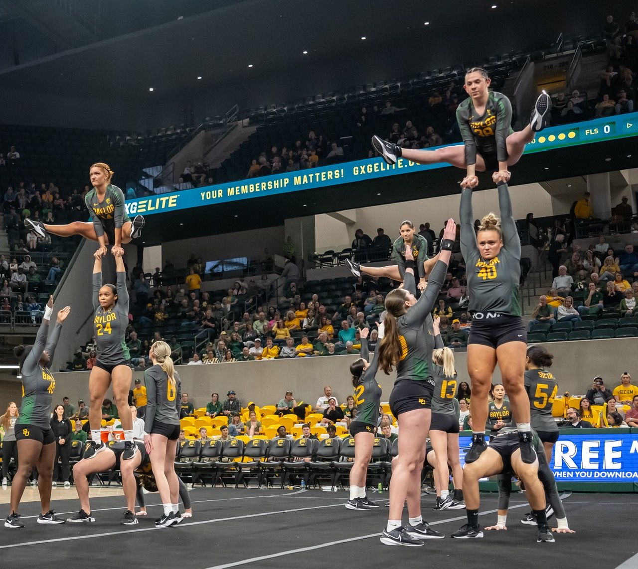 Polk (24) was a member of five acrobatics and tumbling championship teams at Baylor.