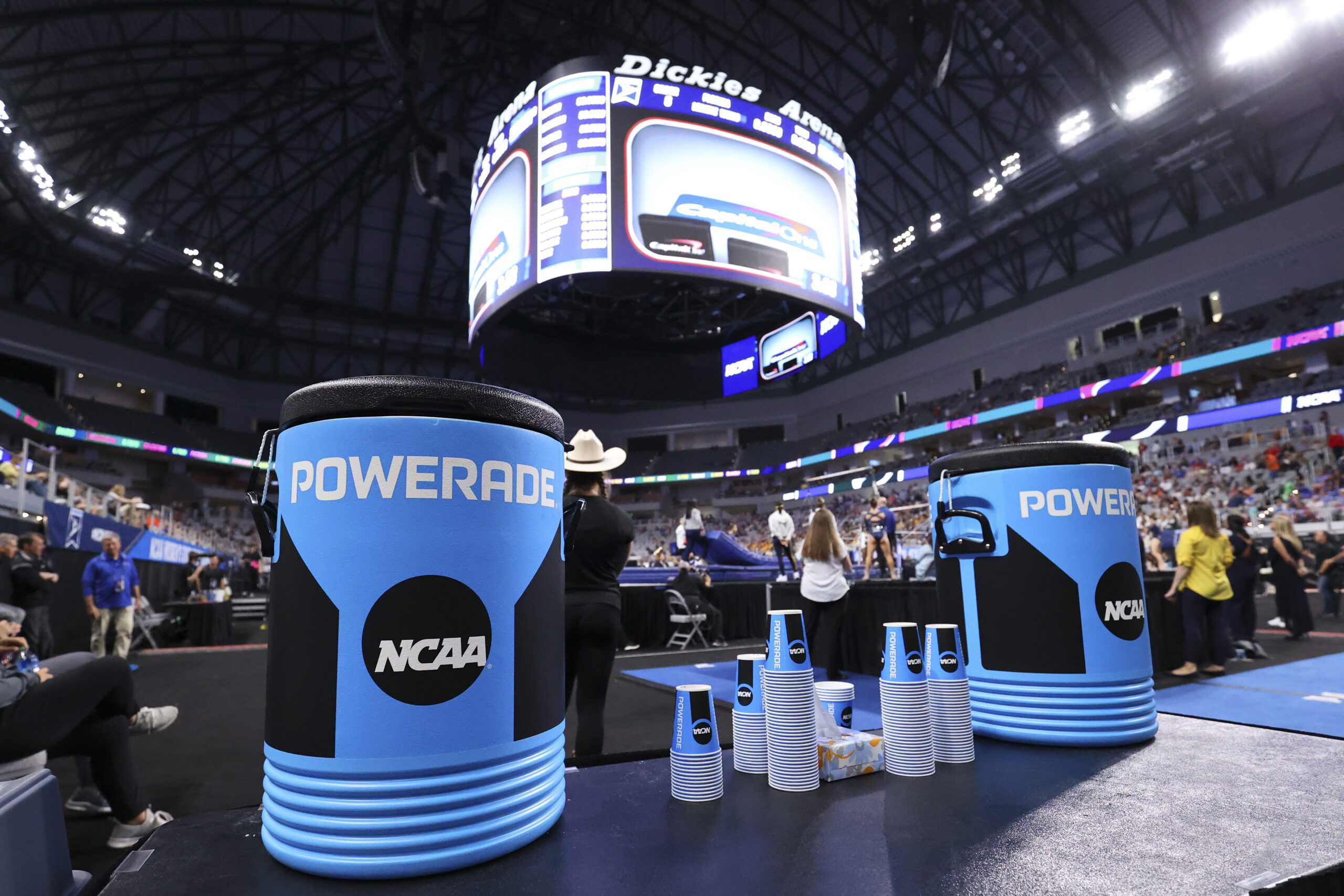 FORT WORTH, TX - APRIL 14: Powerade products are seen during the Division I Women’s Gymnastics Championship held at Dickies Arena on April 14, 2022 in Fort Worth, Texas. (Photo by C. Morgan Engel/NCAA Photos via Getty Images)