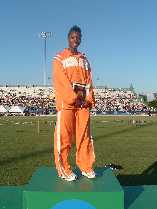 Tianna Madison stands atop the podium at the 2005 NCAA Division I Women’s Outdoor Track and Field Championships after winning the long jump title. (Photos courtesy of Tennessee)