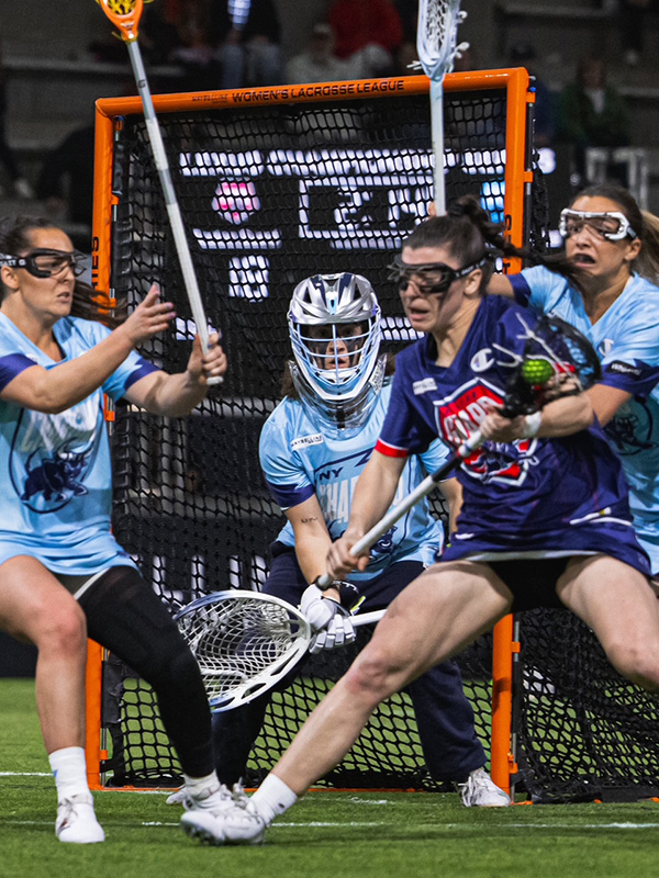 Doucette gears up to face a shot from lacrosse sensation, Tewaaraton Award winner and Boston College alum Charlotte North.