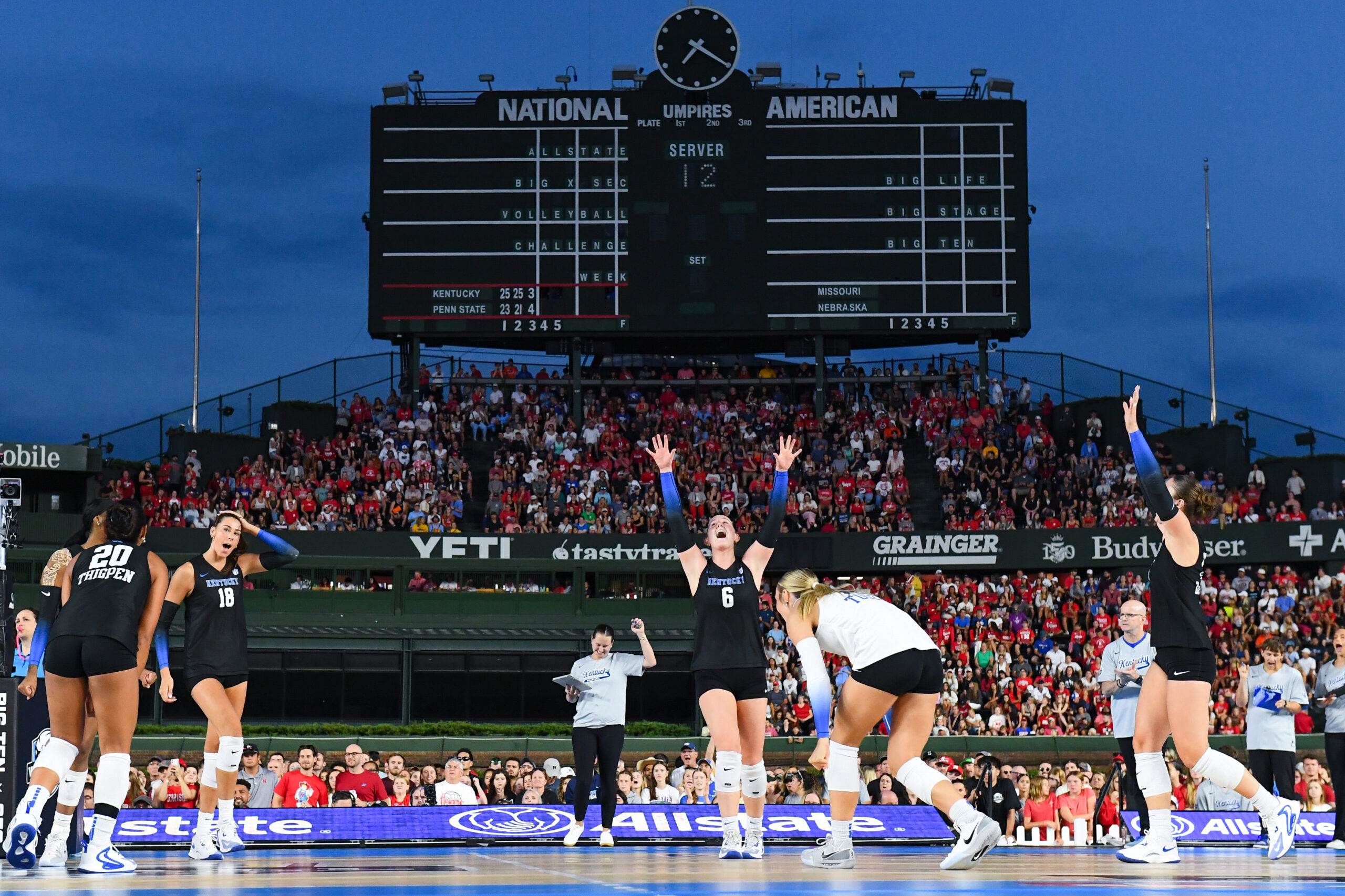 CHICAGO, ILLINOIS - SEPTEMBER 6: Kassie O'Brien #6 of the Kentucky Wildcats and her teammates celebrate a point against the Penn State Nittany Lions at Wrigley Field on September 6, 2026 in Chicago, Illinois. (Photo by Isaac Wasserman/NCAA Photos via Getty Images)