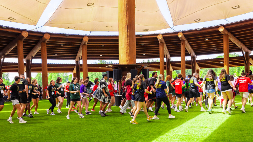 Student-athletes were invited to dance during the Grand Ronde Veterans Powwow as part of the 2026 Big Life Series in the Pacific Northwest.
