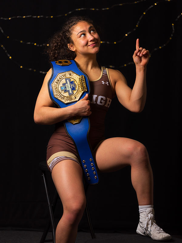 Jimenez poses with the championship belt. She was named the NCAA Most Dominant Wrestler in 2026. (Photo by Jimmy Naprstek / NCAA Photos)