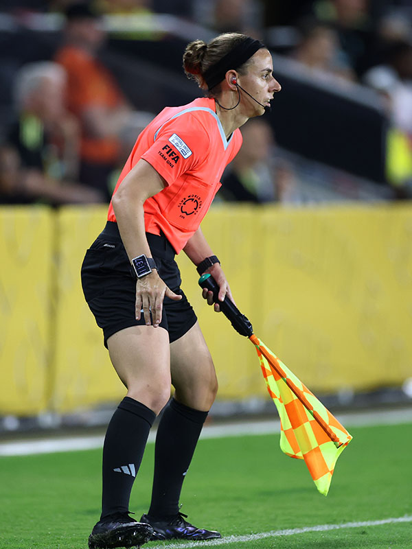 Mayo earned her FIFA badge in 2018. She came out publicly as a member of the LGBTQ+ community in 2024. (Photo by Kevin C. Cox / Getty Images)
