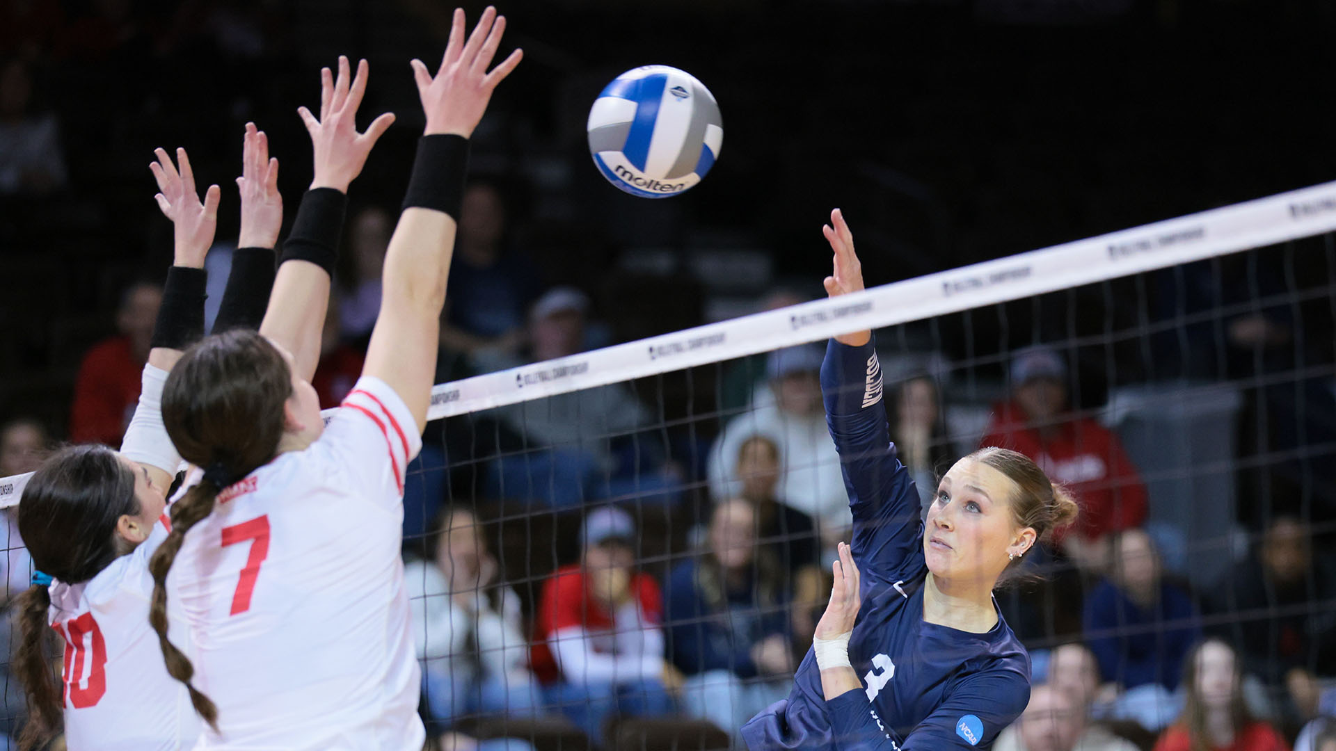 Makenna Nold attacks against the Metropolitan State University of Denver defense during the 2025 Division II Women’s Volleyball Championship title game. (Photo by Morgan Engel / NCAA Photos)